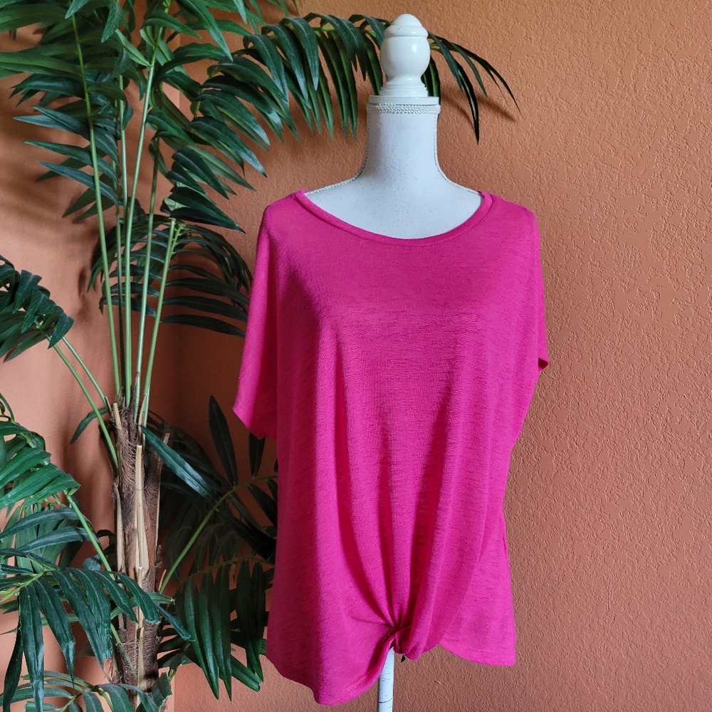 NWT DKNY Jeans Top Pink Fuschia Twist Front Short Sleeve XL